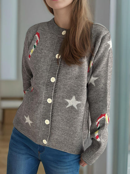 Candy Cane & Star Button Down Long Sleeve Cardigan