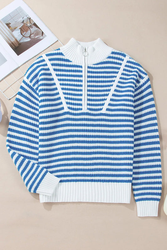 Striped Half Zip Long Sleeve Sweater