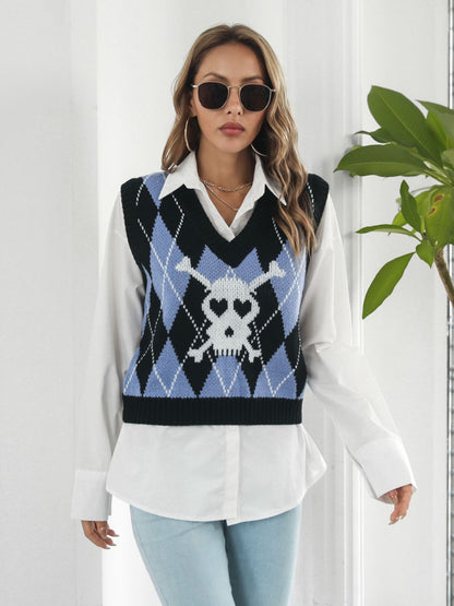 Skull Geometric V-Neck Sweater Vest