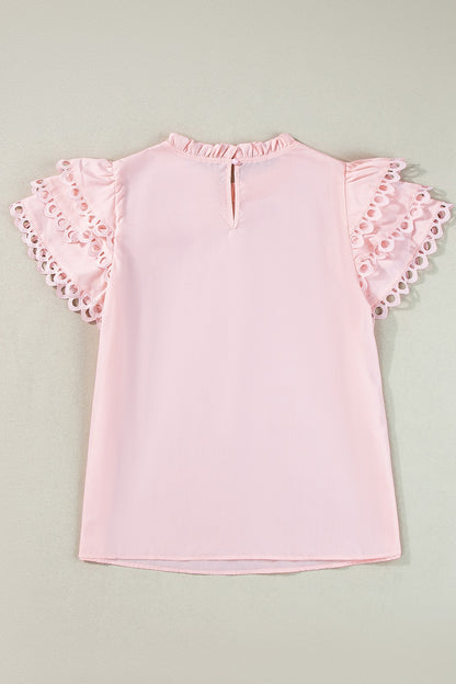 Ruffled Eyelet Round Neck Cap Sleeve Blouse