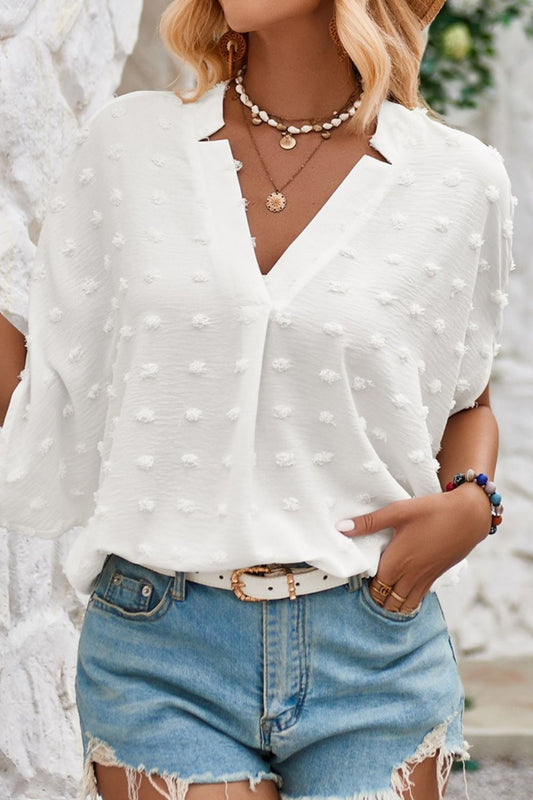 Swiss Dot Notched Half Sleeve Blouse