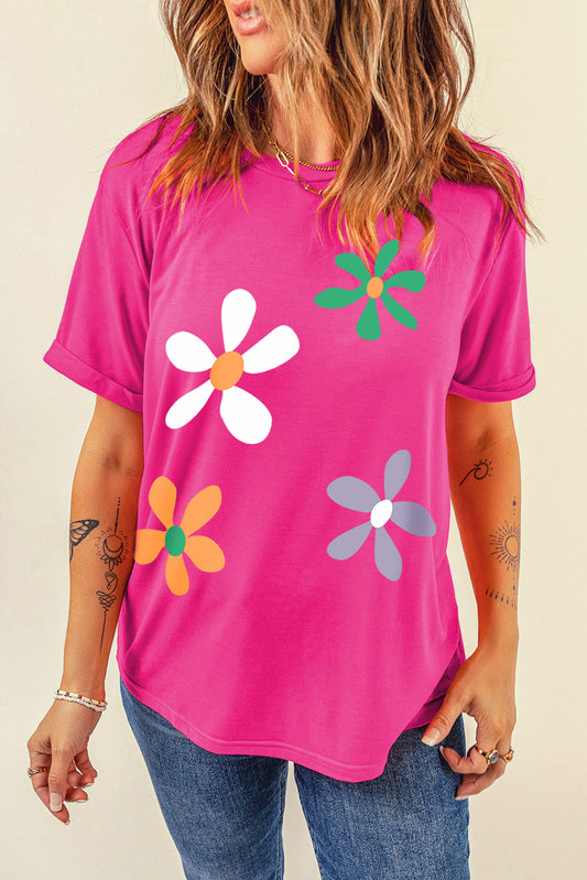 Flower Round Neck Short Sleeve T-Shirt