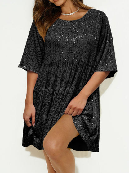 Sequin Round Neck Half Sleeve Mini Dress