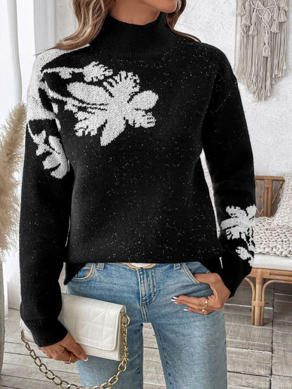 Perfee Flower Mock Neck Long Sleeve Sweater