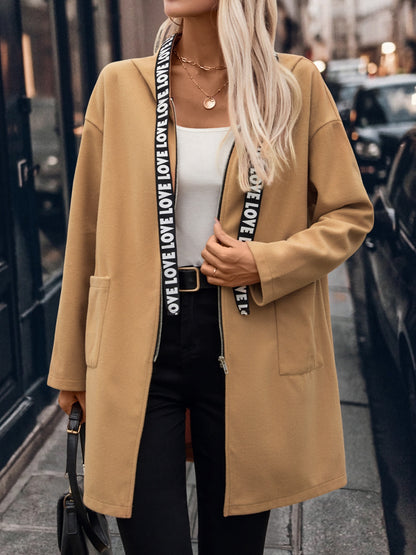 Letter Print Strap Zip Up Hooded Trench Coat