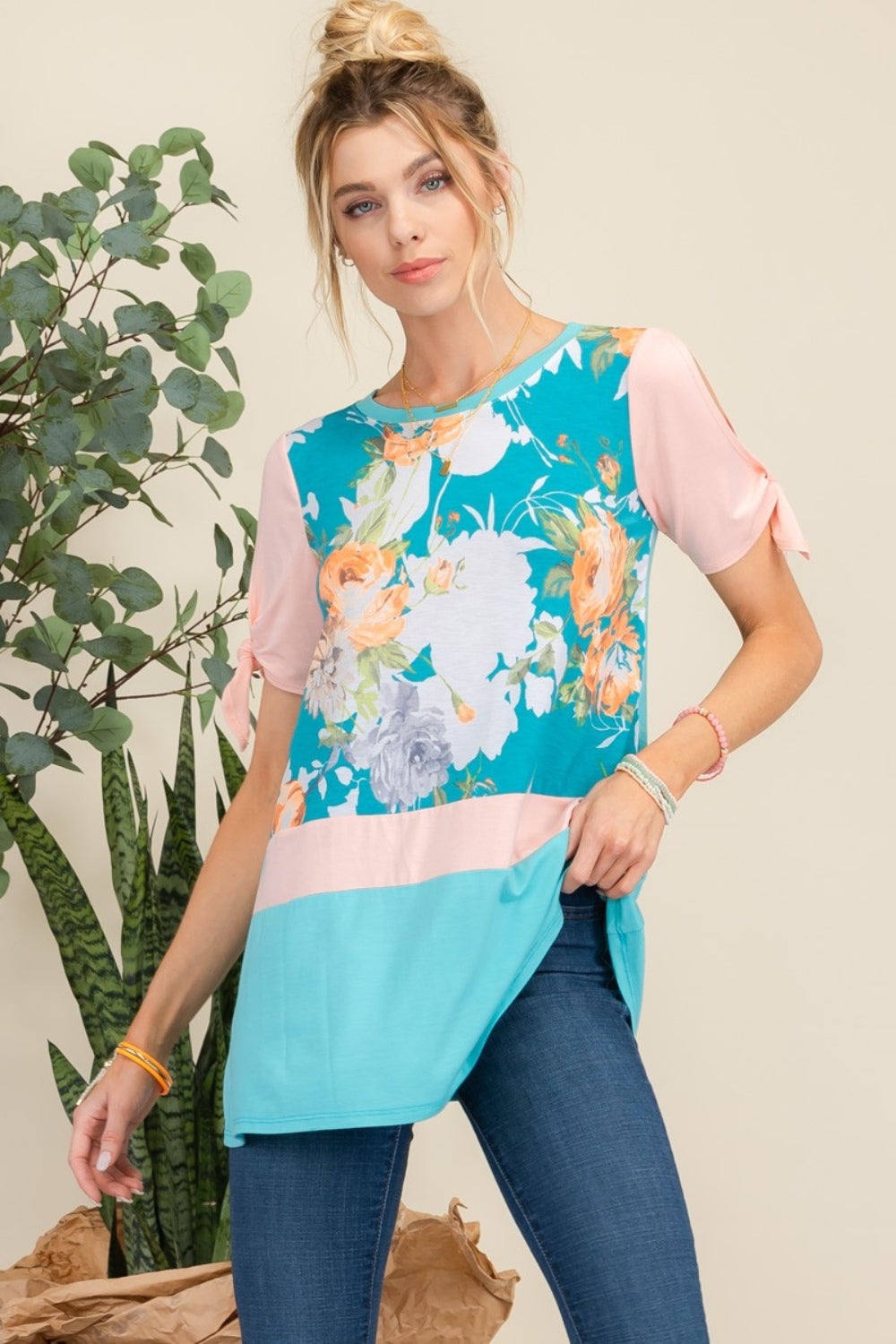 Celeste Full Size Open Tie Sleeve Floral Contrast Top