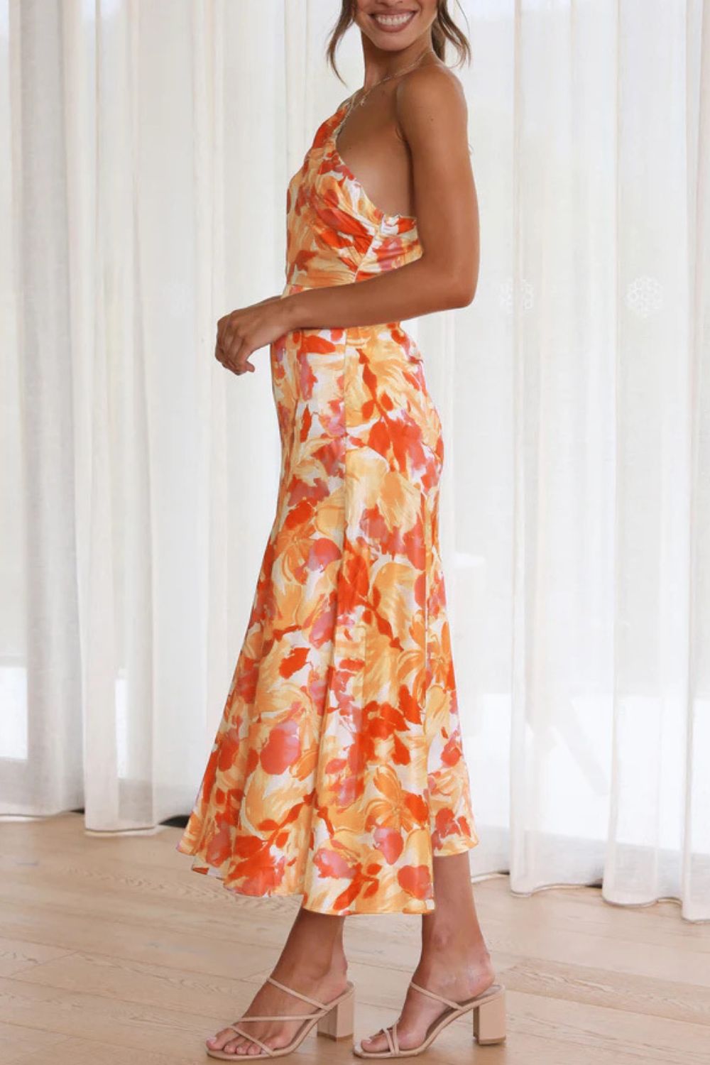 Ruched Printed Single Shoulder Midi Dress