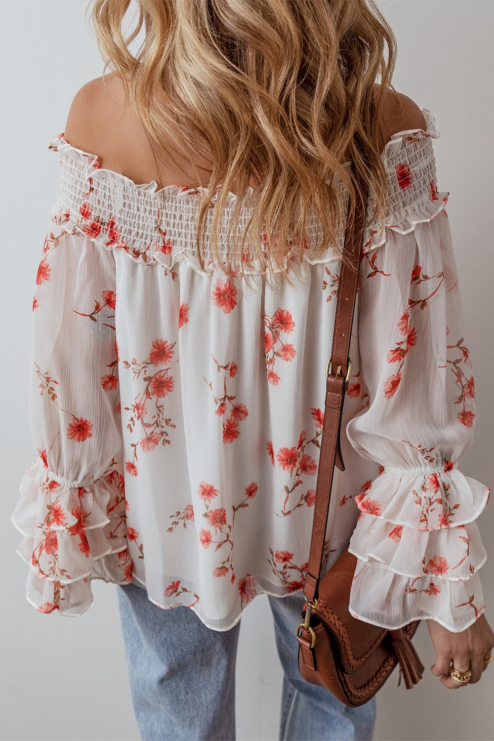 Smocked Floral Off-Shoulder Flounce Sleeve Blouse