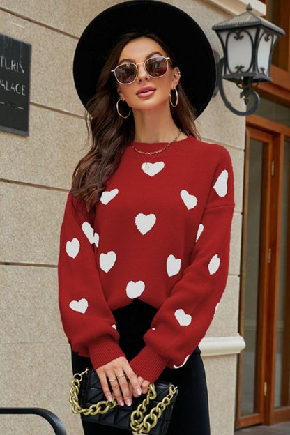 Woven Right Heart Pattern Lantern Sleeve Round Neck Tunic Sweater