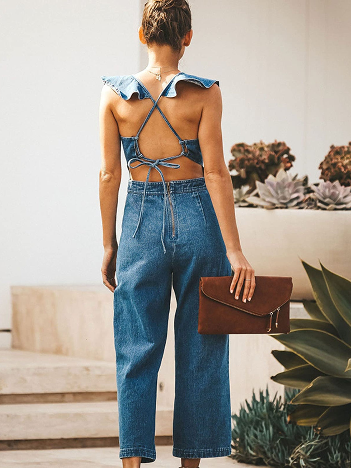 Ruffled Backless Sleeveless Denim Jumpsuit