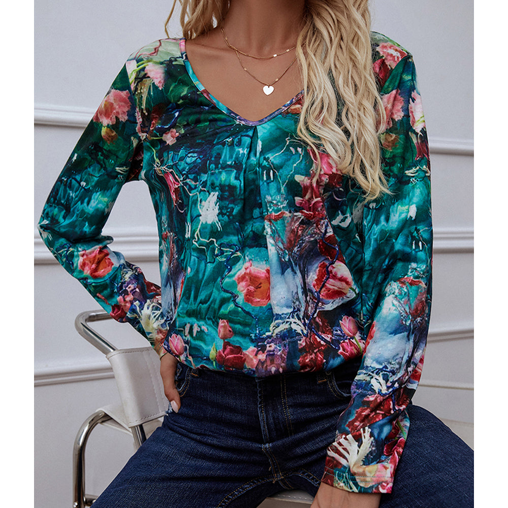 Shiny Printed V-Neck Long Sleeve Blouse