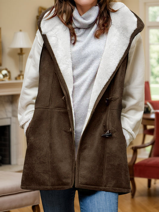 Fuzzy Hooded Vest Coat with Pockets