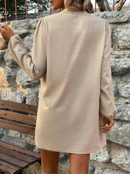 Half Button Mock Neck Long Sleeve Mini Shirt Dress