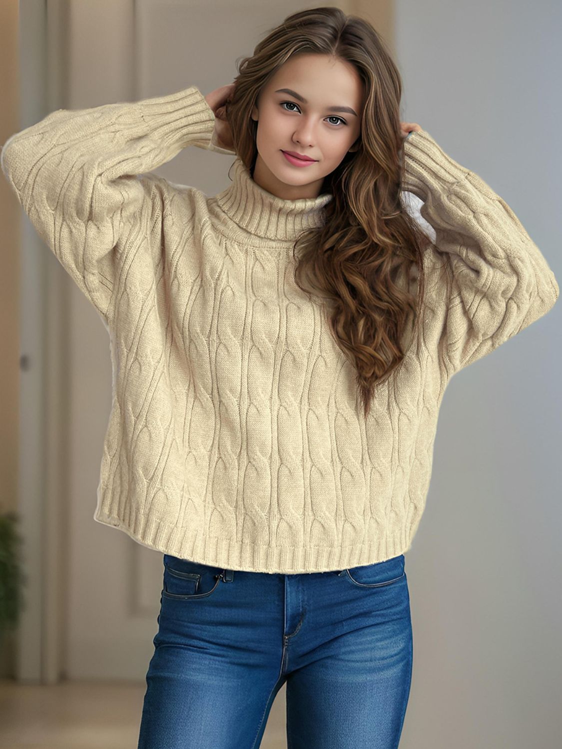 Cable-Knit Turtleneck Long Sleeve Sweater