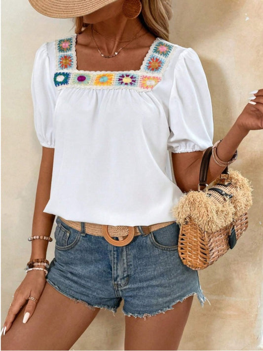 Crochet Square Neck Short Sleeve Blouse