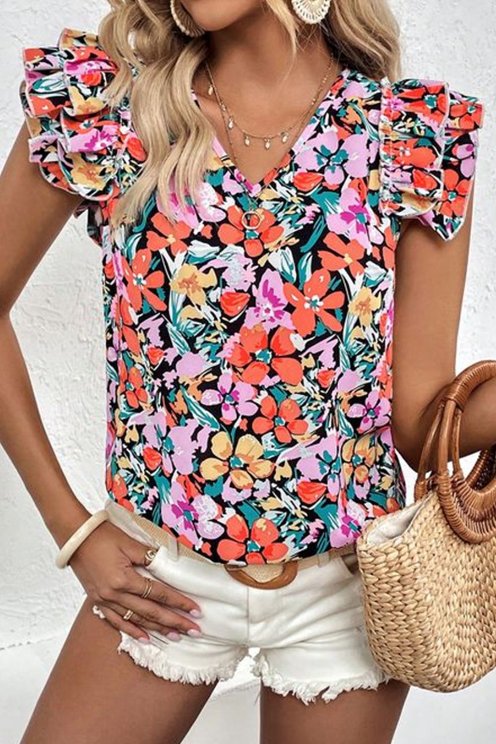 Ruffled Printed V-Neck Cap Sleeve Blouse