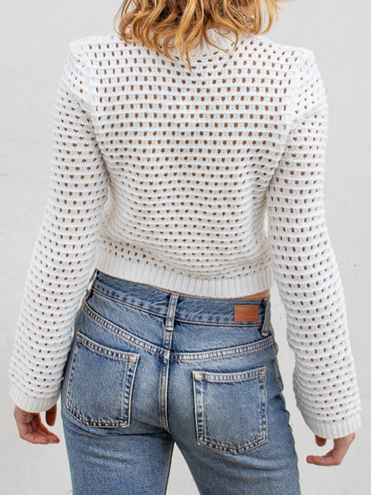 Openwork Round Neck Long Sleeve Knit Top