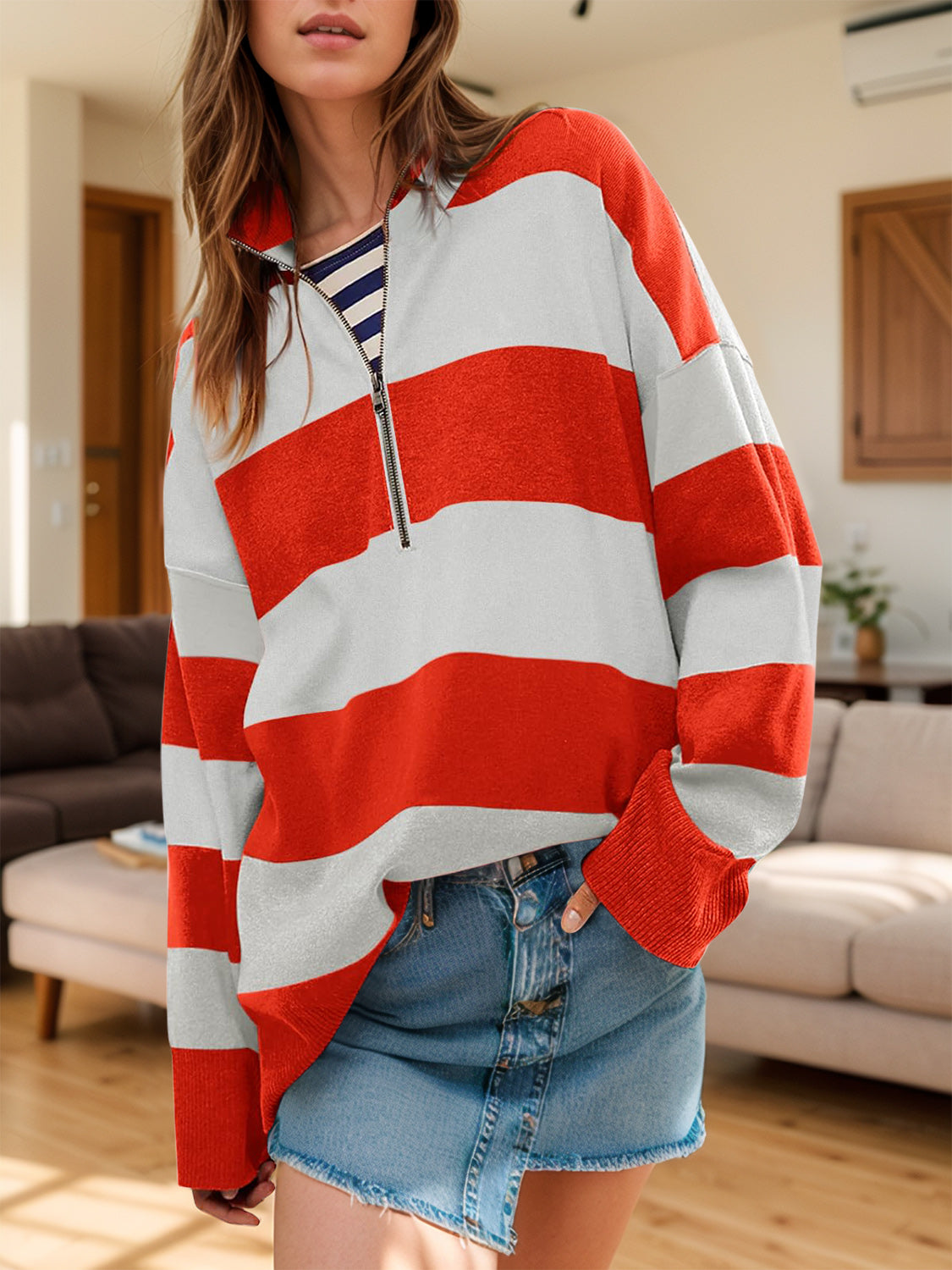 Color Block Half Zip Long Sleeve Sweater