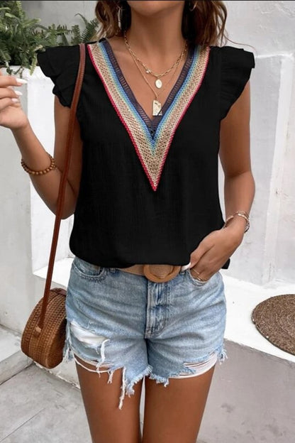 Full Size Ruffled V-Neck Cap Sleeve Blouse