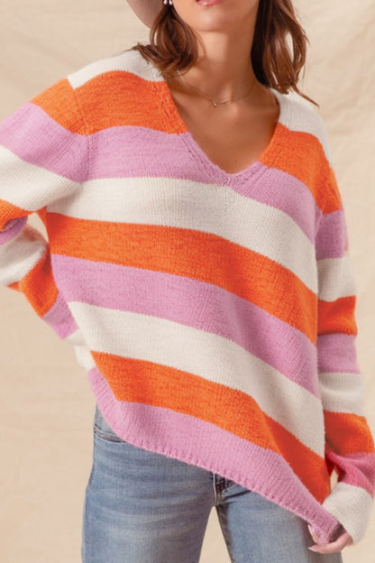 Color Block V-Neck Long Sleeve Sweater