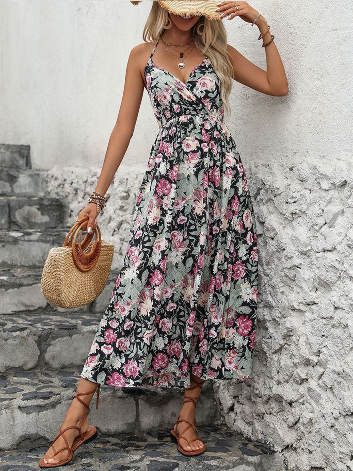 Smocked Printed Halter Neck Midi Dress