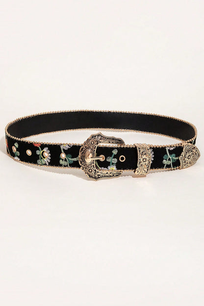 Embroidered PU Leather Adjustable Buckle Belt