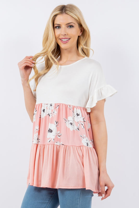 Celeste Full Size Floral Color Block Ruffled Short Sleeve Top