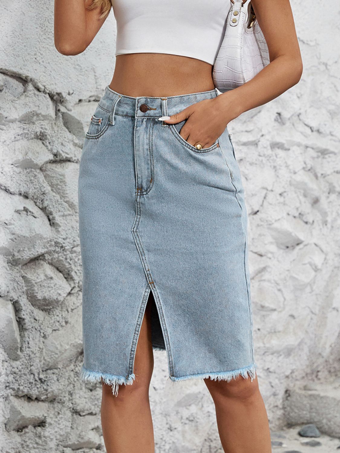 Raw Hem Slit Denim Skirt