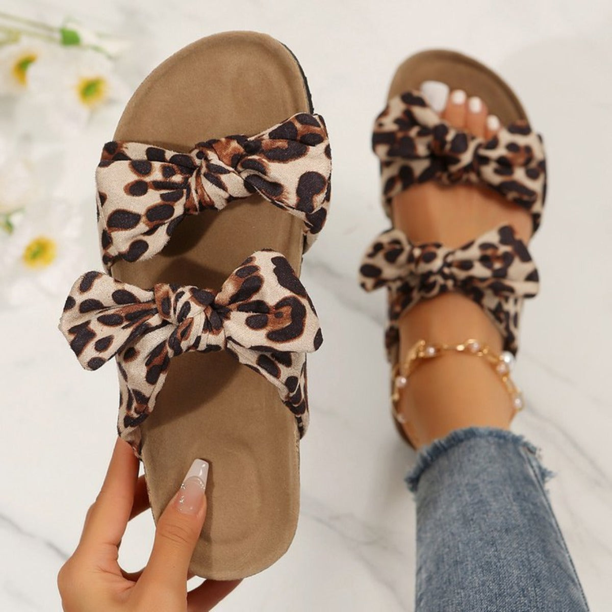 Leopard Double Bow Open Toe Sandals