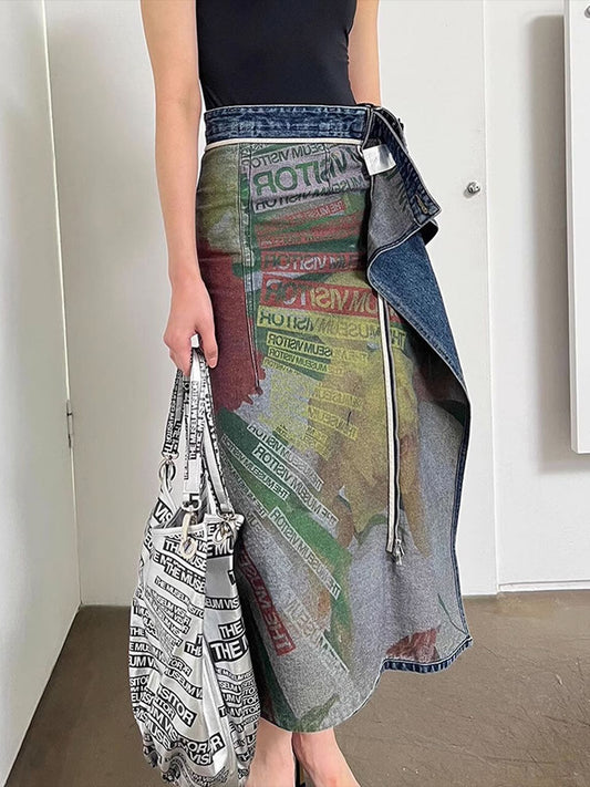 Reversible Slit Printed Midi Denim Skirt