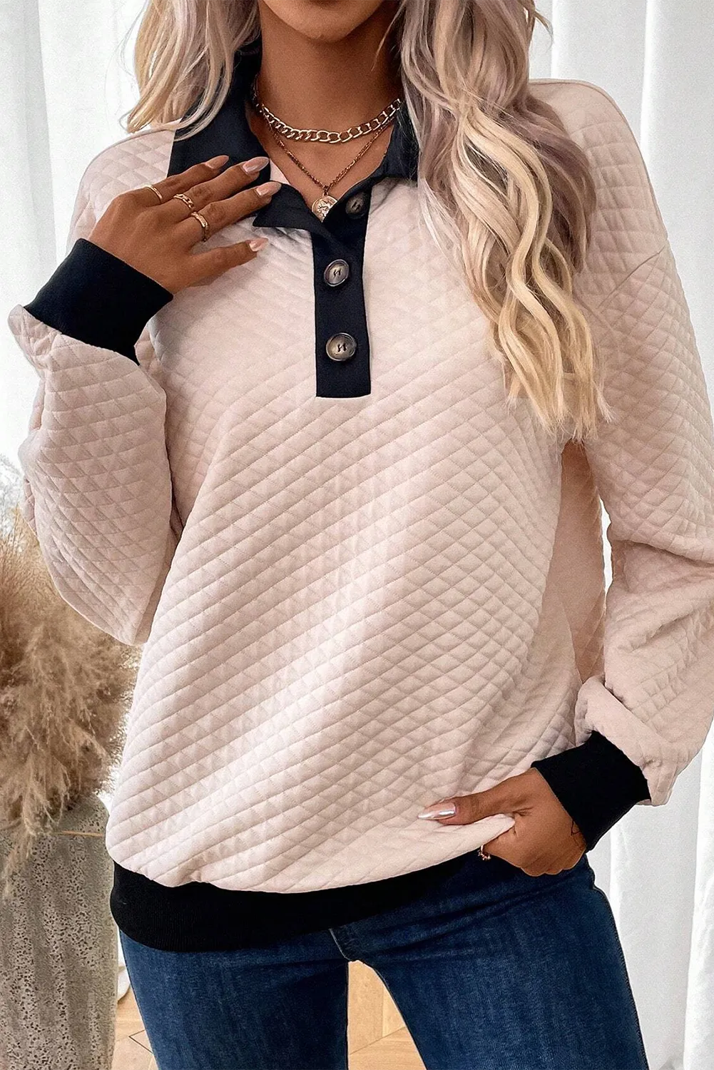 Textured Collared Neck Long Sleeve Top