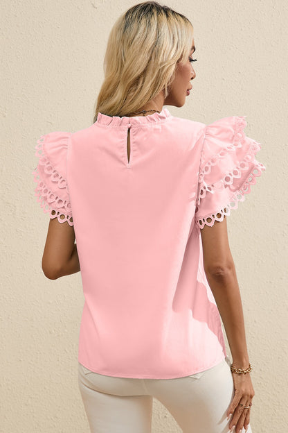 Ruffled Eyelet Round Neck Cap Sleeve Blouse