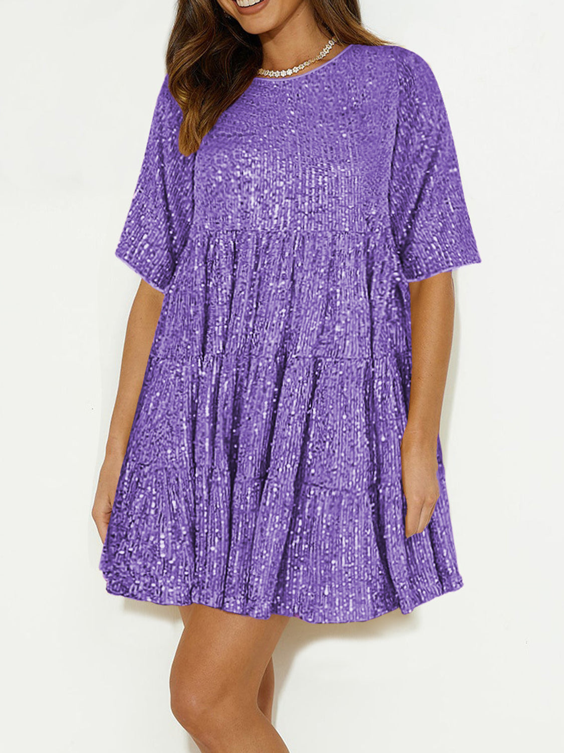 Sequin Round Neck Half Sleeve Mini Dress