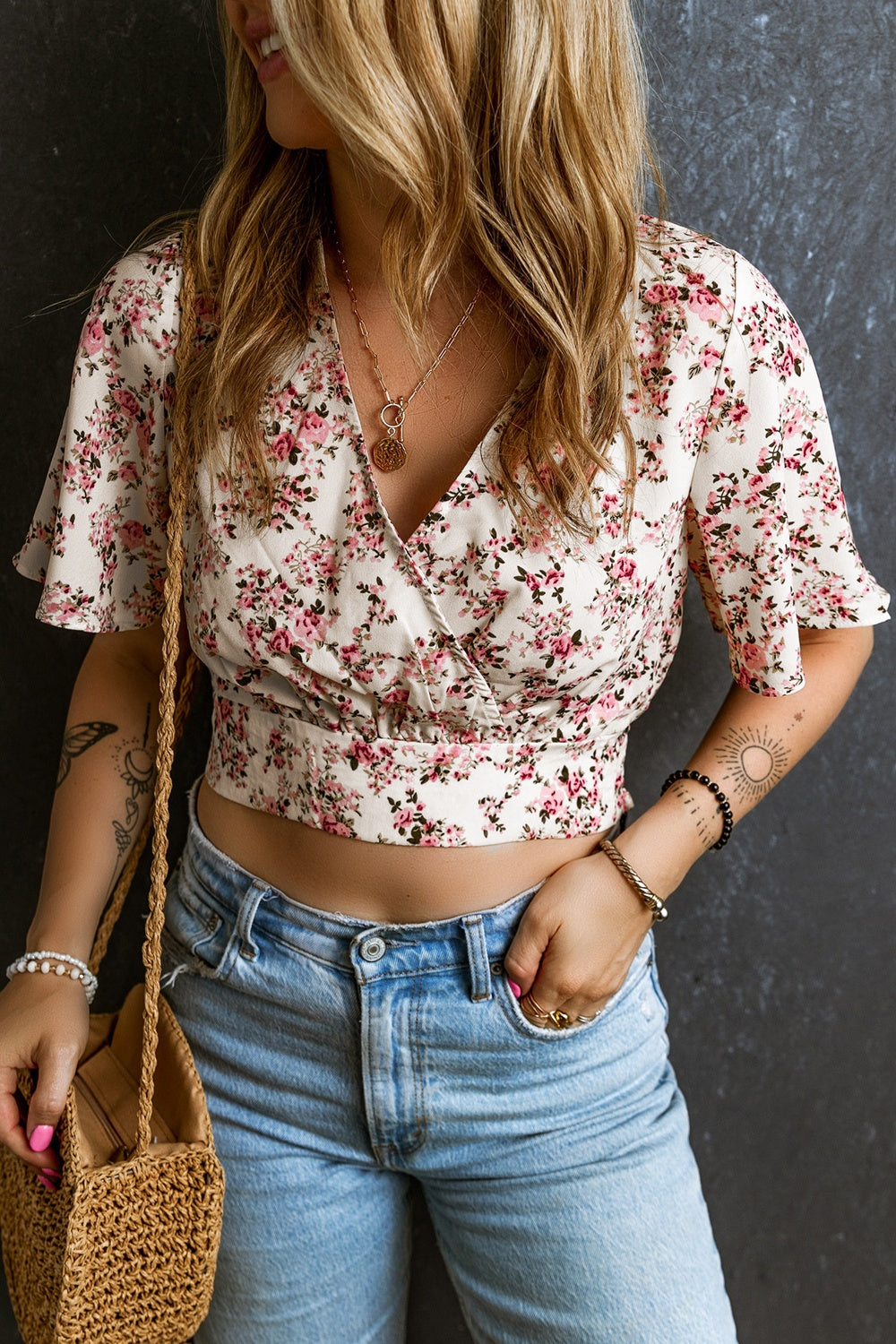 Printed Surplice Half Sleeve Blouse