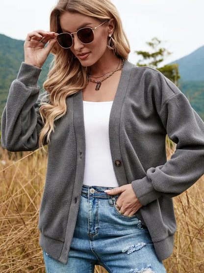 Shiny Button Down V-Neck Dropped Shoulder Jacket