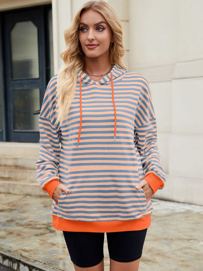 Drawstring Contrast Striped Long Sleeve Hoodie