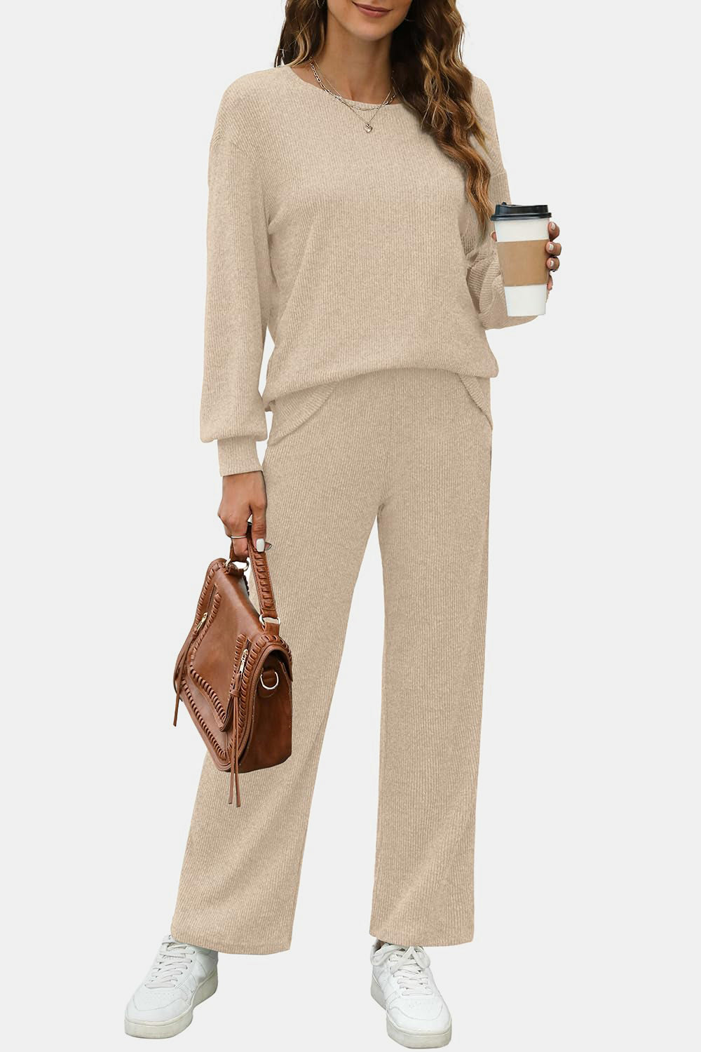 Round Neck Long Sleeve Top and Pants Set