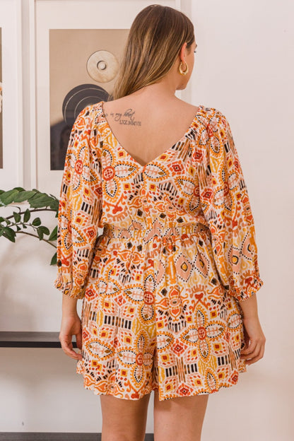 ODDI Full Size Printed Ruff Sleeve Romper with Pockets