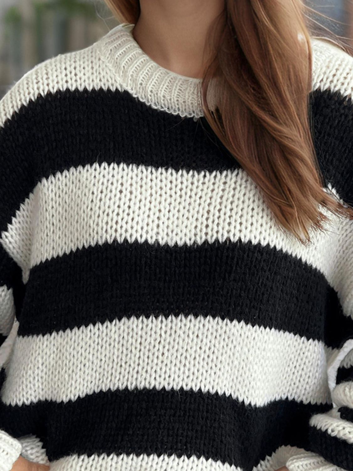 Contrast Striped Round Neck Long Sleeve Sweater