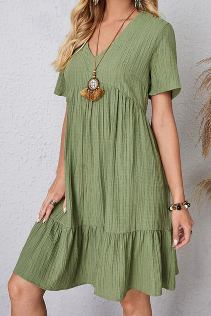 Full Size Ruched V-Neck Short Sleeve Dress