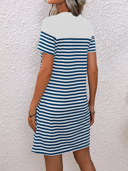 Striped Round Neck Short Sleeve Mini Tee Dress