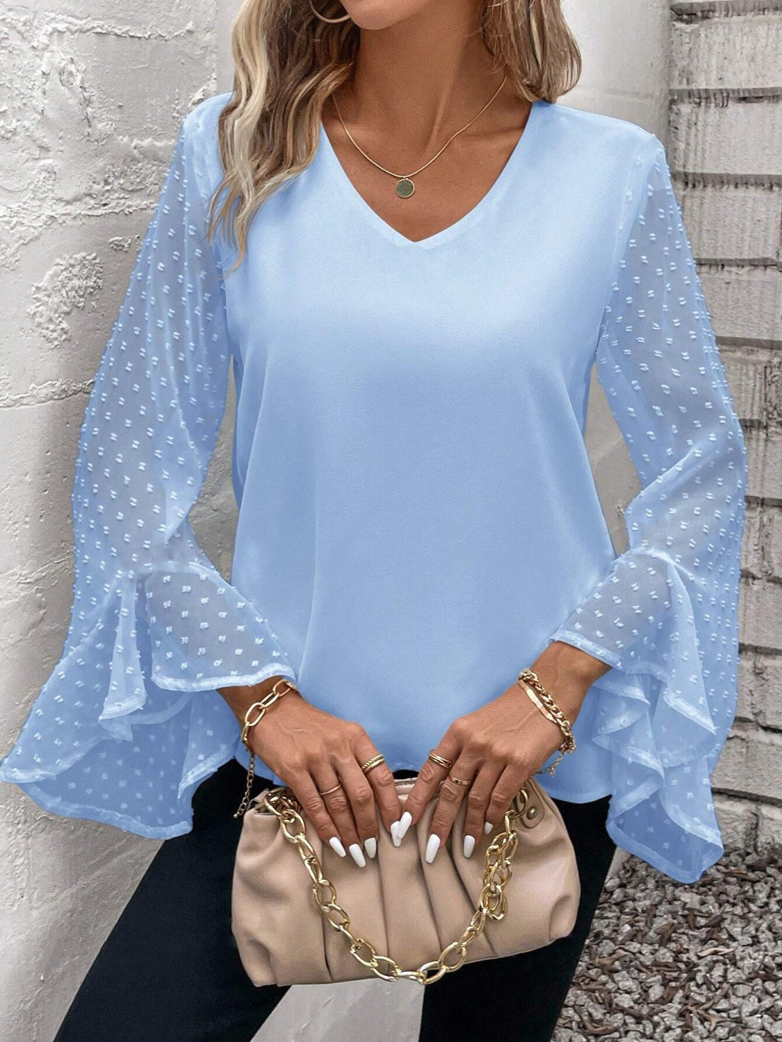 Swiss Dot V-Neck Flounce Sleeve Blouse