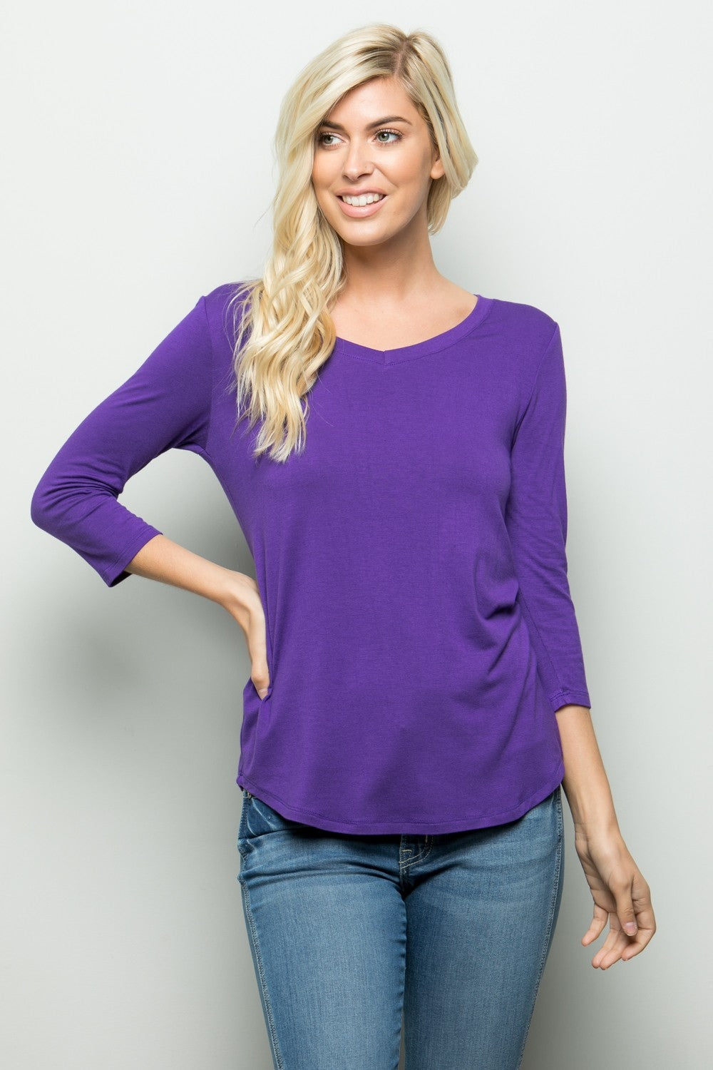 Celeste Full Size Three Quarter Sleeve V-Neck T-Shirt