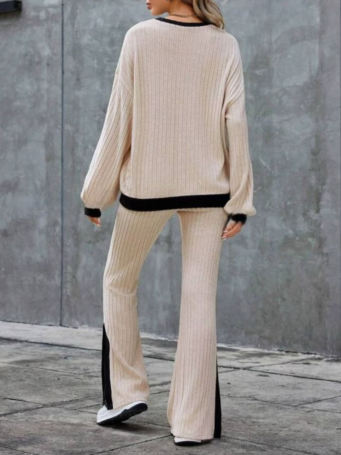 Contrast Round Neck Long Sleeve Top and Bootcut Pants Set