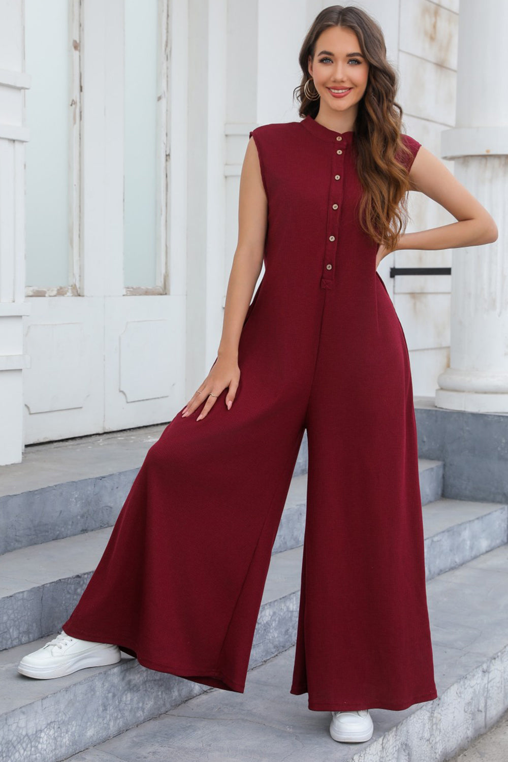 Half Button Wide Leg Jumpsuit with Pockets