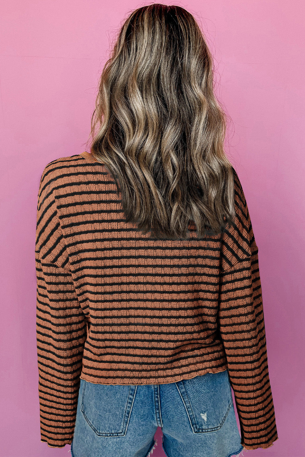 Striped Half Button Long Sleeve Blouse