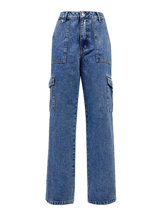 High Rise Straight Jeans with Cargo Pockets