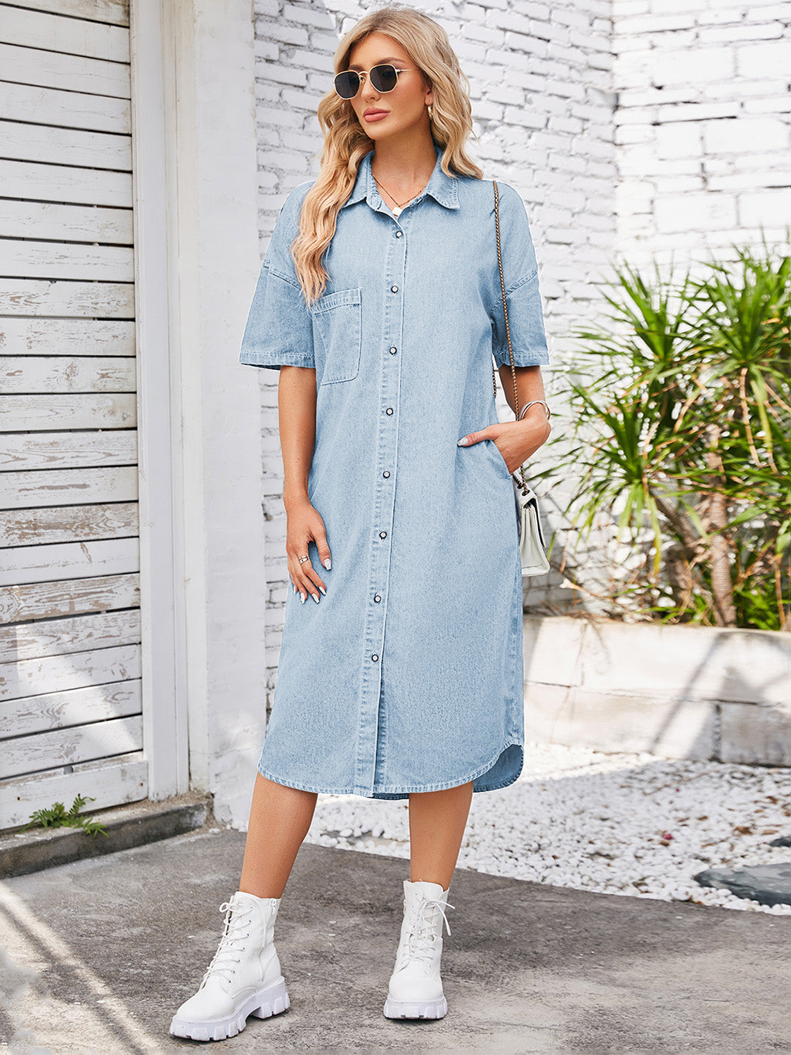 Button Down Half Sleeve Denim Dress