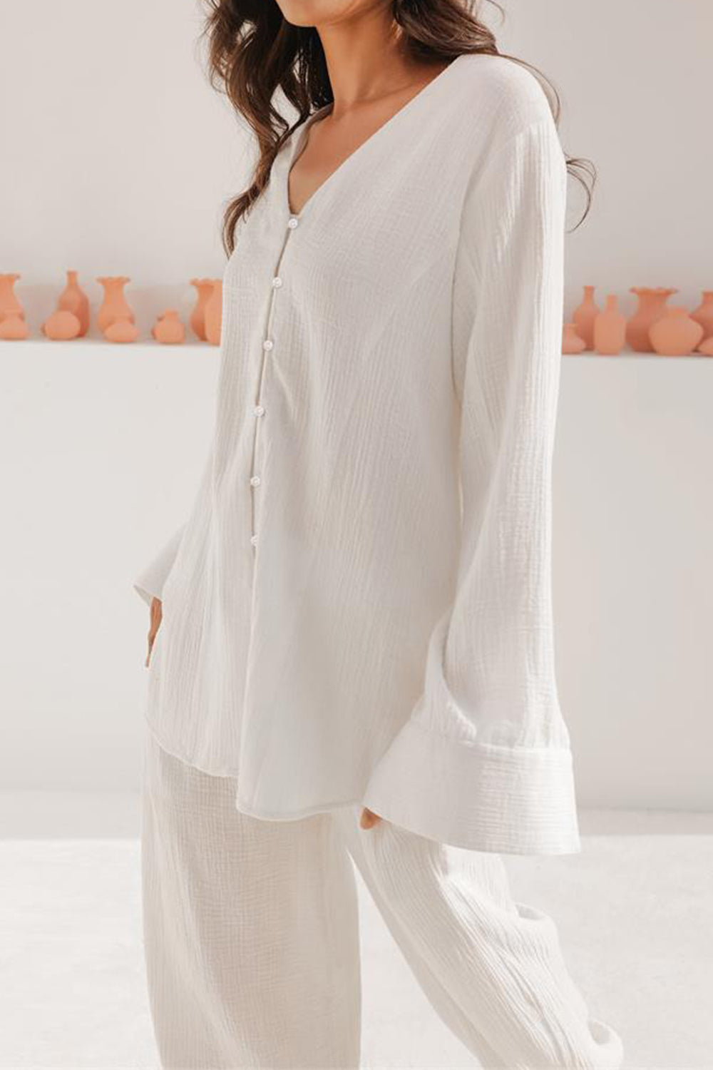 Basic Bae Buttery-Soft V-Neck Long Sleeve Top and Pants Set