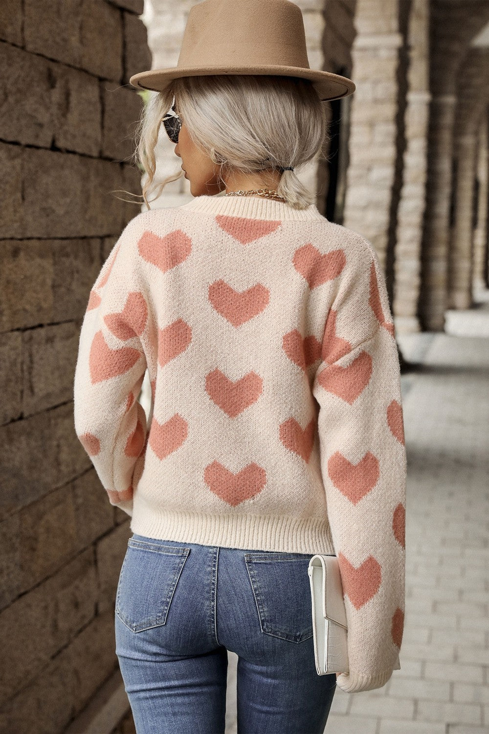 Perfee Heart Pattern Dropped Shoulder Sweater